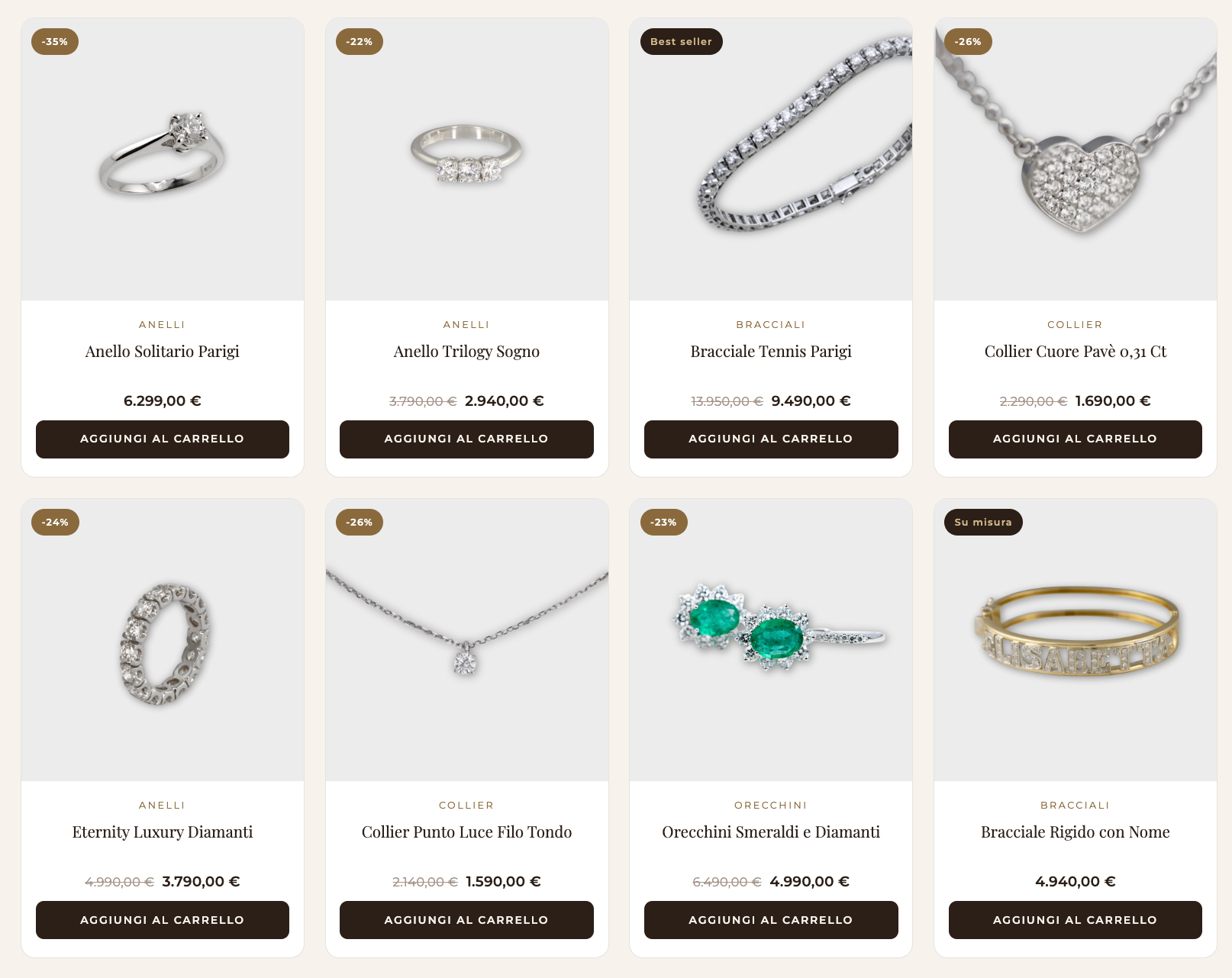 Catalogo prodotti dell'ecommerce Diamanti & Gioielli: anelli, bracciali, collier e orecchini con prezzi e badge sconto